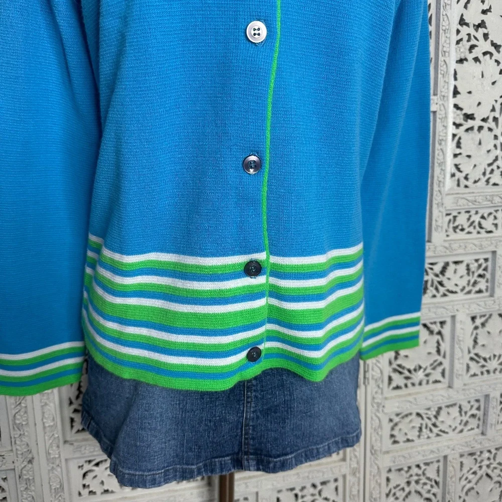 Vintage 70's Haymaker Blue‎ 7 Green Striped Preppy Golf Button Up Cardigan Sz M